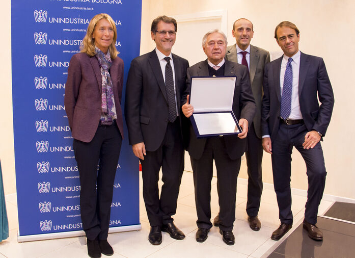 L'Architetto Elena Zacchiroli Mascagni, il Sindaco di Bologna Virginio Merola, Ugo Poppi, il Presidente di Unindustria Bologna Alberto Vacchi e il Direttore di QN, il Resto del Carlino e Quotidiano.net Andrea Cangini